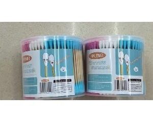 300 cotton swabs in a blend of blue, pink, and white