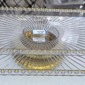 Large round dot dessert square plate with a golden base