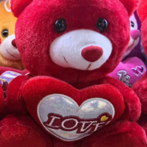5 different heart-shaped bears, each measuring 20 cm in size and painted in bright red